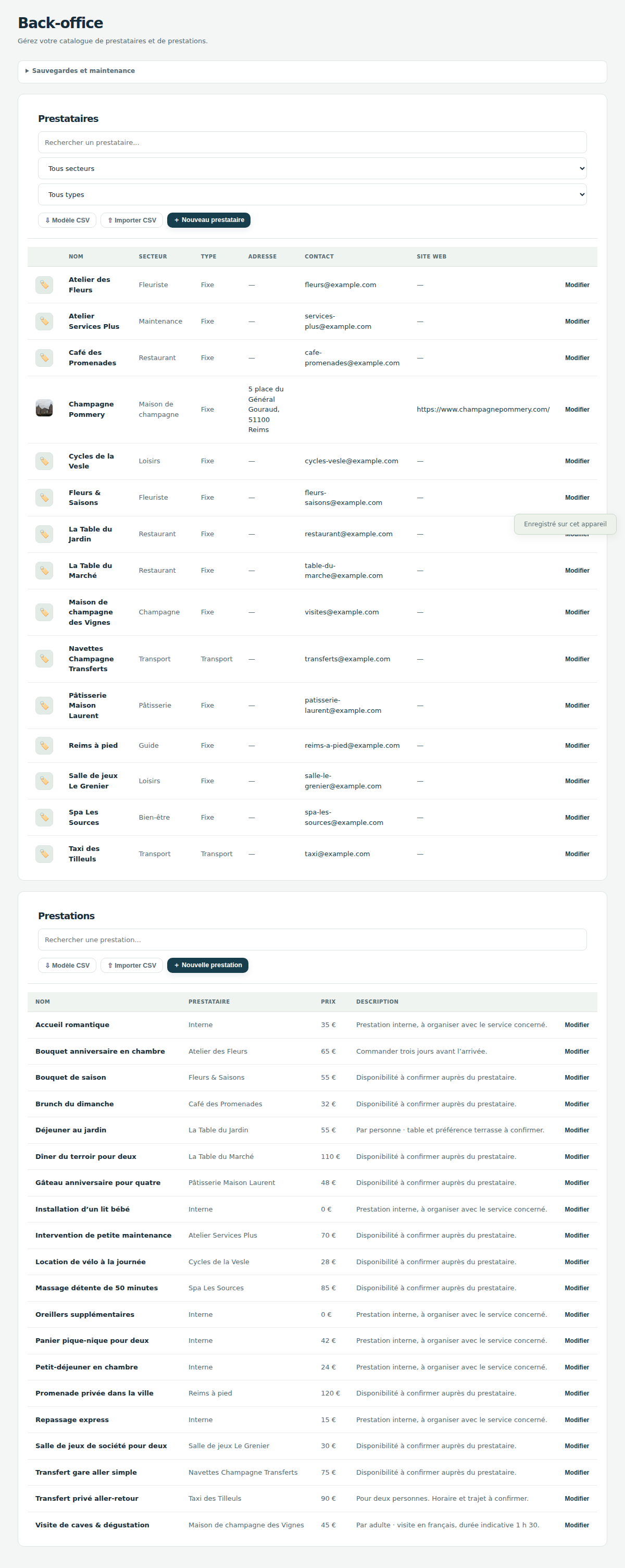 Catalogue des prestataires et prestations, avec recherche et ajout.