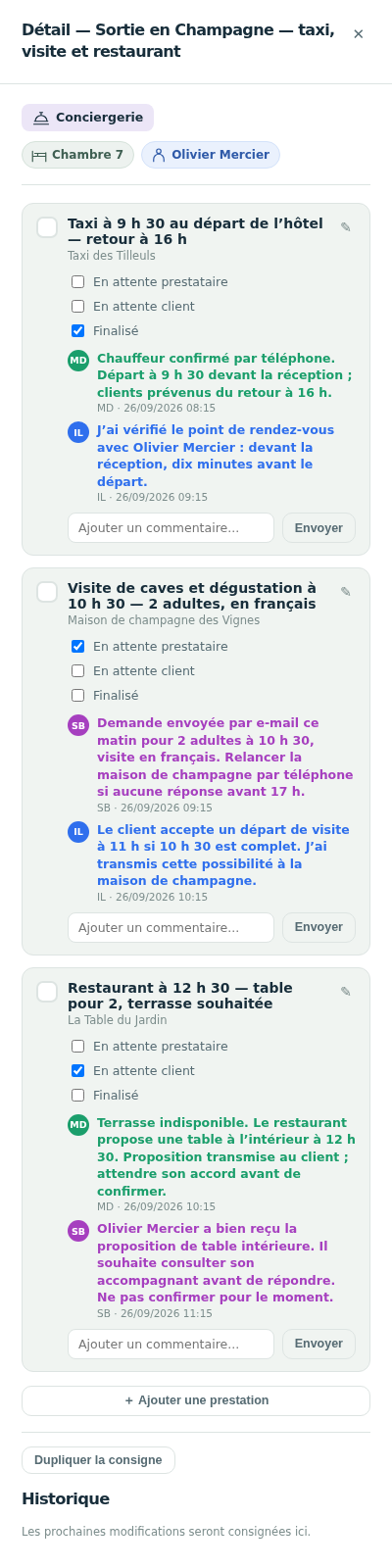 Trois prestations et trois suivis : taxi finalisé, visite en attente du prestataire, déjeuner en attente du client.
