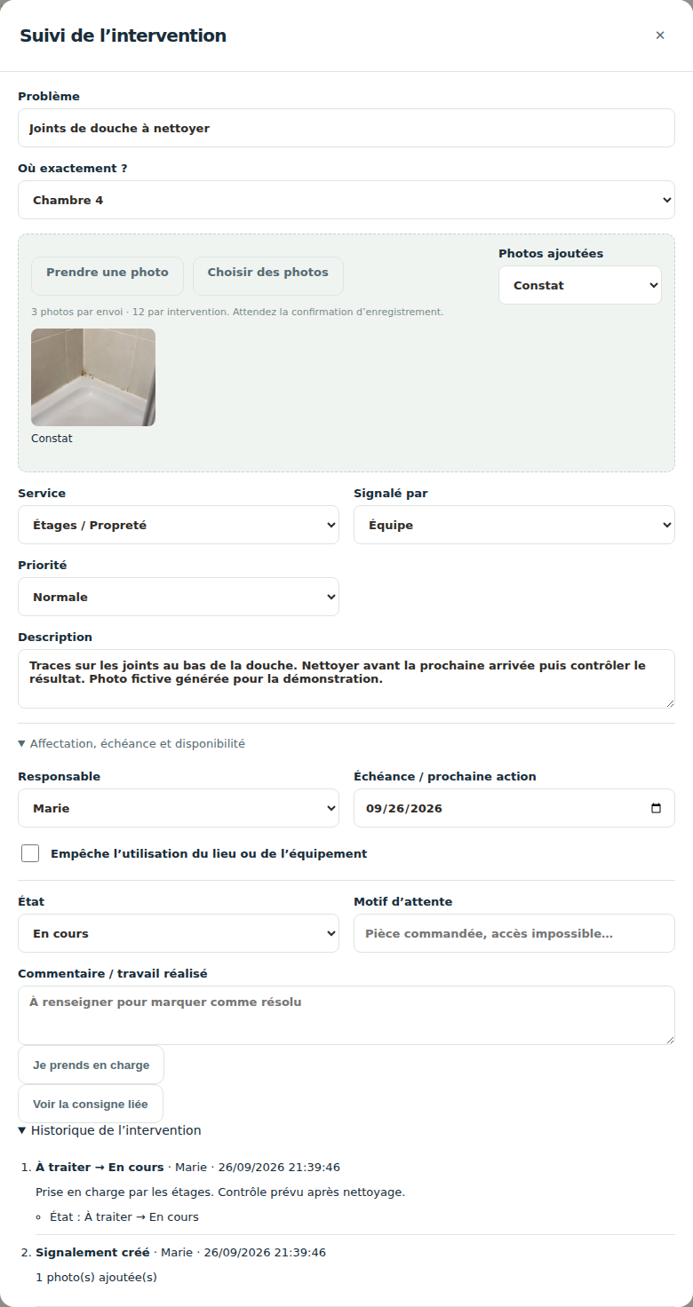 Fiche des joints : description, responsable, photo du constat et historique de prise en charge.
