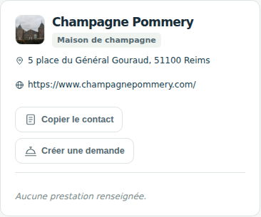 Fiche réelle de Champagne Pommery dans la conciergerie : photographie du domaine, adresse et lien vers le site officiel.