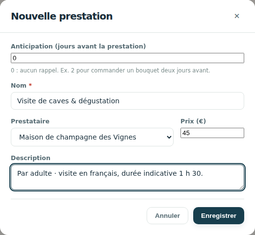 La visite de caves est associée à la Maison de champagne des Vignes, avec son prix et sa description.