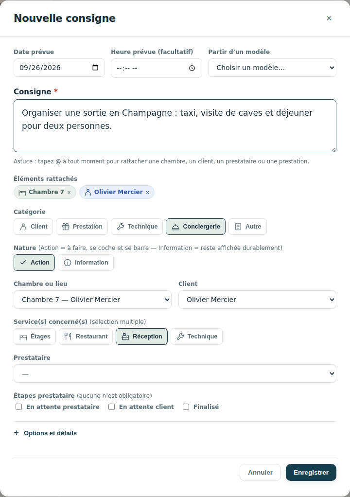 Saisie de la sortie : date, texte, catégorie, chambre 7, clients et réception.